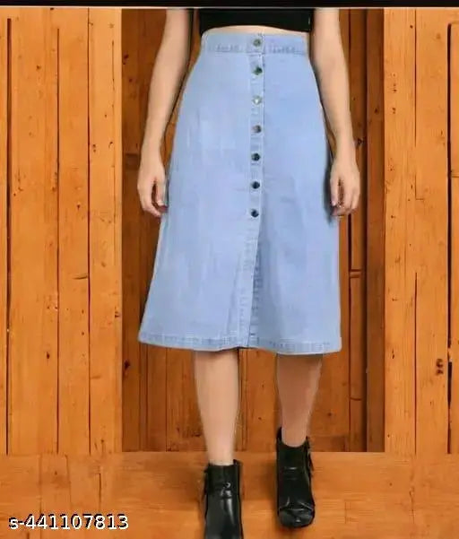 Light blue denim straight skirt for women by NOOR ENTERPRISES, size 28/30/32