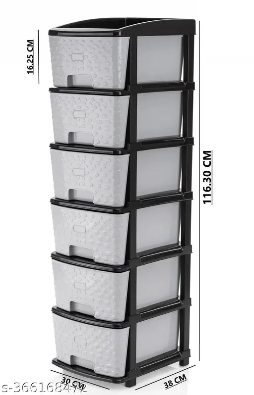 Grey plastic storage unit for kids clothes, saree, toys, books, files, shoes, shocks, and more. 6xL multi-compartment organizer with drawers and boxes