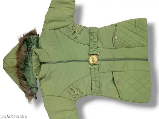 Stylish light olive PU jacket for girls, solid pattern, long sleeves - trendy winter wear for kids