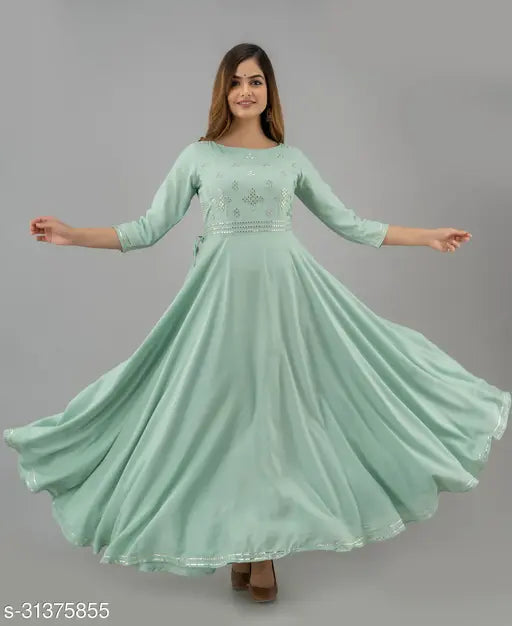 Rayon embroidered Charvi kurtis, flared full-length dress for Kimayra Women, India
