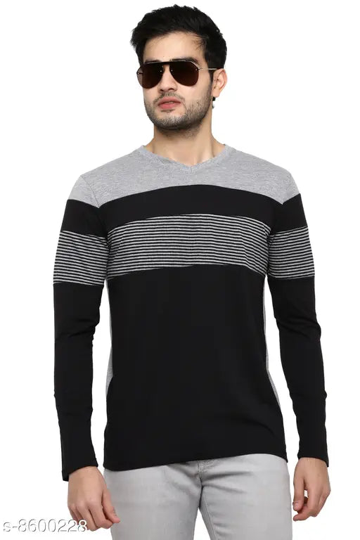 GENTINO V-neck cotton blend full sleeve T-shirt with printed net pattern, navy blue color, size S (Chest 38in, Length 25.5in), Indian origin