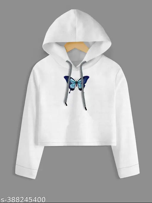 Blue cotton-blend girls' butterfly crop top hoodie with full sleeves and printed design