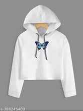 Blue cotton-blend girls' butterfly crop top hoodie with full sleeves and printed design