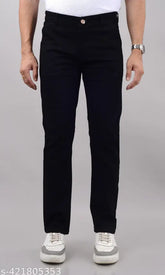 Men's solid black denim jeans, versatile and stretchable for casual to semi-formal wear. Available in sizes 42, 44, 46, 48, 50 (Waist 42-50, Length 41 in, Hip Size varies). Made in India