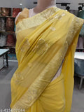 Yellow embroidered chiffon saree with running blouse, Indian traditional wear for women