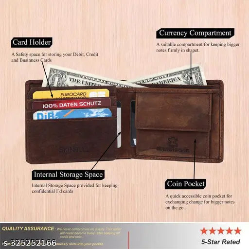 Brown genuine leather SKINBULL wallet with RFID blocking, featuring 5 compartments, coin pocket, and gift boxed for men's gifting. Handcrafted from top grain buffalo leather, showcasing natural color variation on ageing