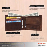 Brown genuine leather SKINBULL wallet with RFID blocking, featuring 5 compartments, coin pocket, and gift boxed for men's gifting. Handcrafted from top grain buffalo leather, showcasing natural color variation on ageing
