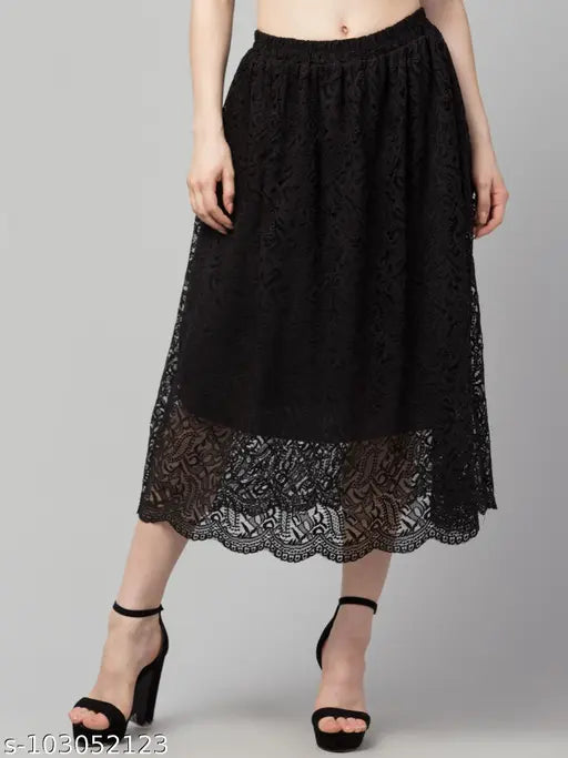 Elegant solid lace mesh skirt, Indian-made women's skirt with net pattern and lace fabric