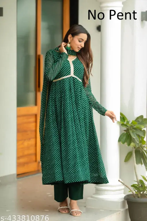 Green Georgette long-sleeve printed office wear kurti with dupatta, formal partywear for women