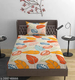 Single Size 200 TC Glace Cotton Elastic Fitted Bedsheet with Pillowcover - Breathable botanical design, ideal for summer seasons, premium quality on mattress