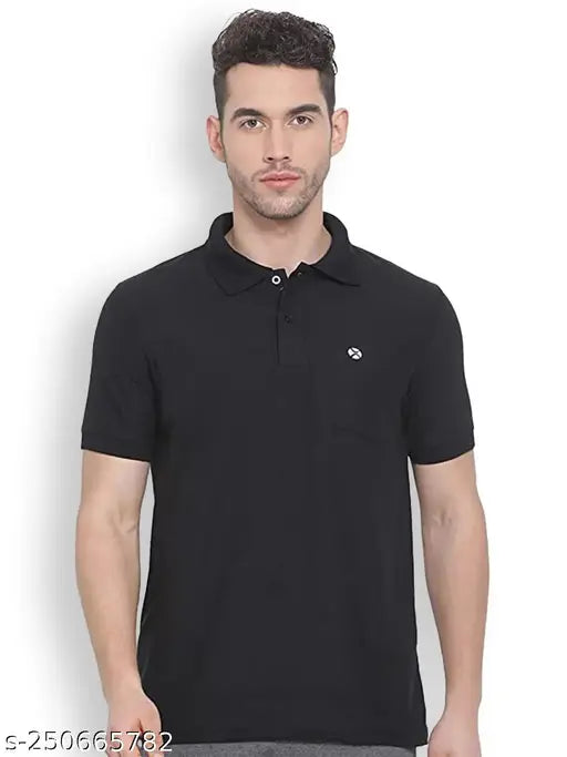 Black cotton solid polo t-shirt for men, Lux Nitro polo with logo, available in M size (40in chest, 28in length)