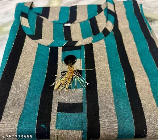 Green cotton blend striped kurti for women and girls, three-quarter sleeves