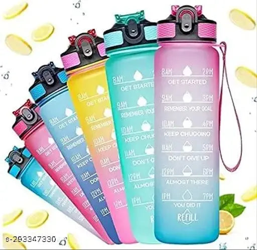 Multicolor, BPA-free sipper water bottle - 800ml with motivational time marker, leakproof and durable for office, gym, school. Features easy-clean mouth, silicone straw, secure clasp, reflective frosted surface, reliable carry strap. Ideal for sport, home workouts, or daily use. Made in India