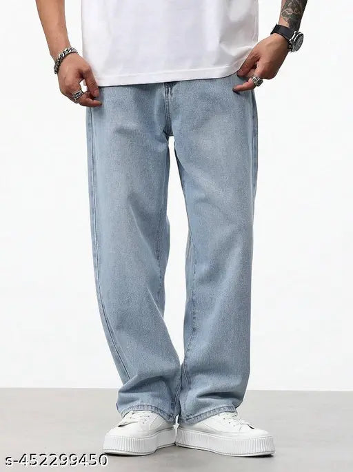 Denim baggy jeans, loose fit, vintage-inspired, casual bottoms. Oversized, wide-leg, distressed. Comfortable, urban fashion, denim trousers. Sizes: 28 (Waist: 28, Hip: 38), 30 (Waist: 30, Hip: 40), 32 (Waist: 32, Hip: 42), 34 (Waist: 34, Hip: 44). Made in India