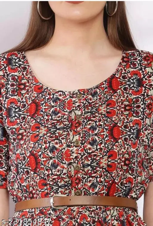 Stylish crepe short-sleeved printed frock with free belt, Indian fashion garment on mannequin