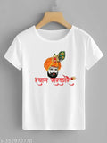 Khatu Shyam printed polyester t-shirt for men, Khatu Dham design. Short sleeves, vibrant Indian artwork on a black background. Size S (36in chest, 25in length), M (38in chest, 26in length), L (40in chest, 27in length), XL (42in chest, 28in length), XXL (44in chest, 29in length). Made in India