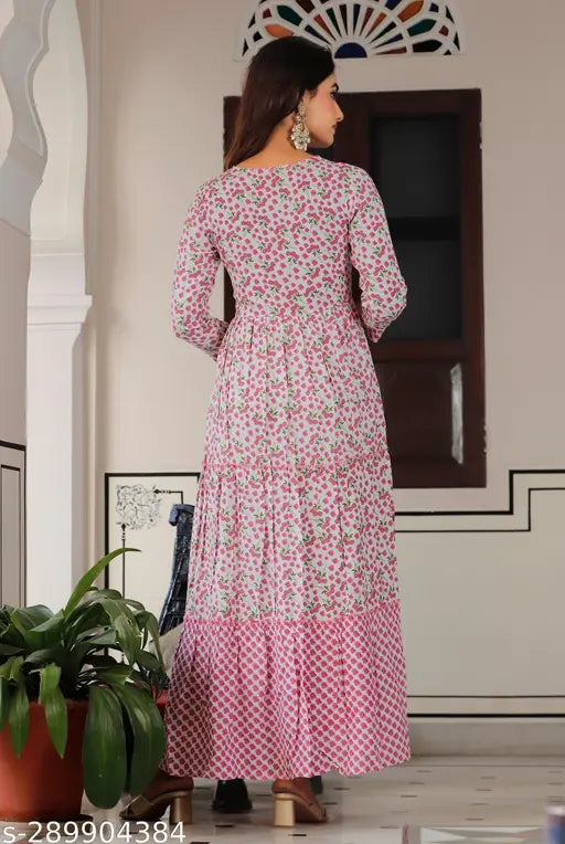 Rayon printed embroidery gown, three-quarter sleeves, vibrant Indian woman's fashion