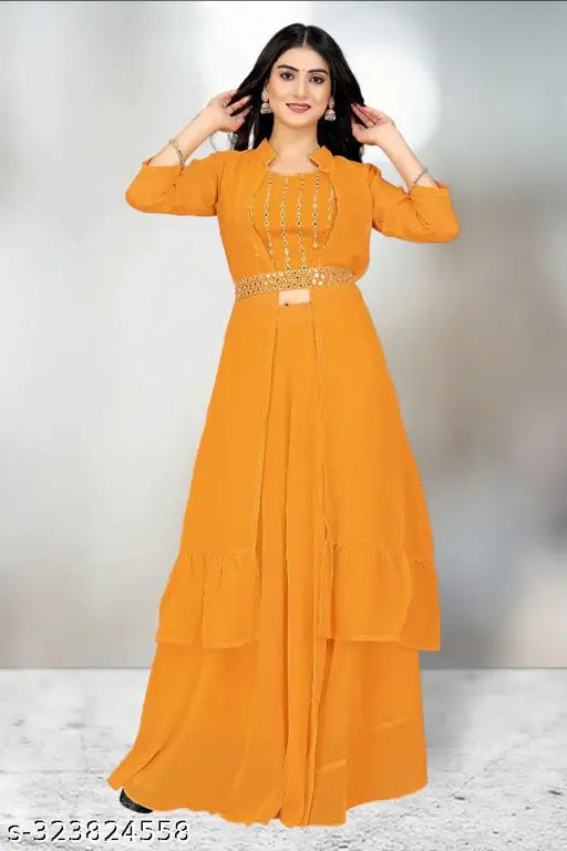 Georgette ethnic motifs embroidered top with three-quarter sleeves and palazzo shrug, Indian craftsmanship in Gotapatti embroidery