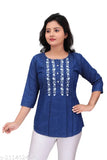 Stylish embroidered denim top, cotton-rich three-quarter sleeves for women, Indian origin