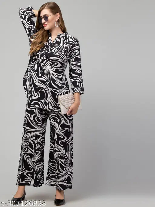 Black & White rayon printed top with palazzo set for women - Three-Quarter sleeves, soft, lightweight, machine washable rayon fabric, Indian origin