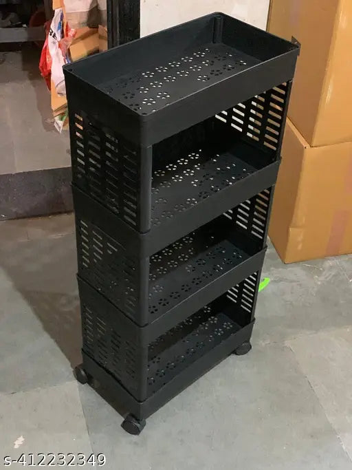 Black plastic 4-tier kitchen storage rack for onions, potatoes, aloo, pyaaz, fruits, vegetables, and sabji