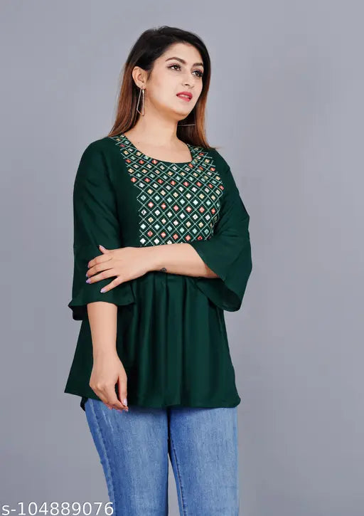 Bottle green rayon embroidered tunic top for women, handwoven in India