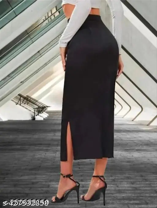 High-waisted black polyester lycra bodycon midi skirt with side slit, ideal for versatile styling and occasions. Machine washable, available in sizes 26-36