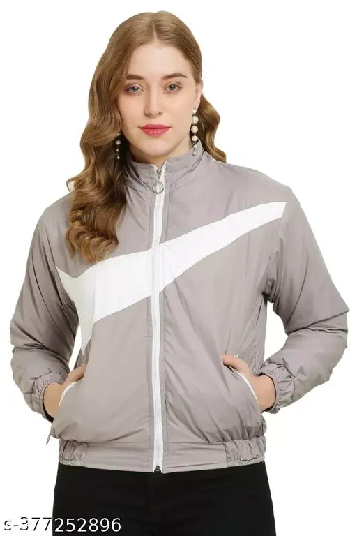 Grey polyester trendy jacket with long sleeves, solid design. XS (bust 32in, length 21in). Made in India