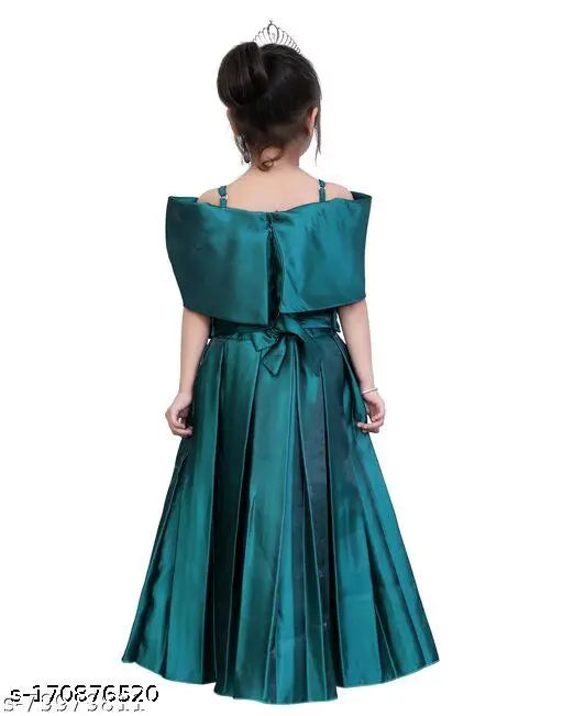 Stylish Western Design Solid Green Silk Blend Sleeveless Party Dress for Girls (3-12 years) - Indian ethnic girls gown, ideal for birthday or celebrations