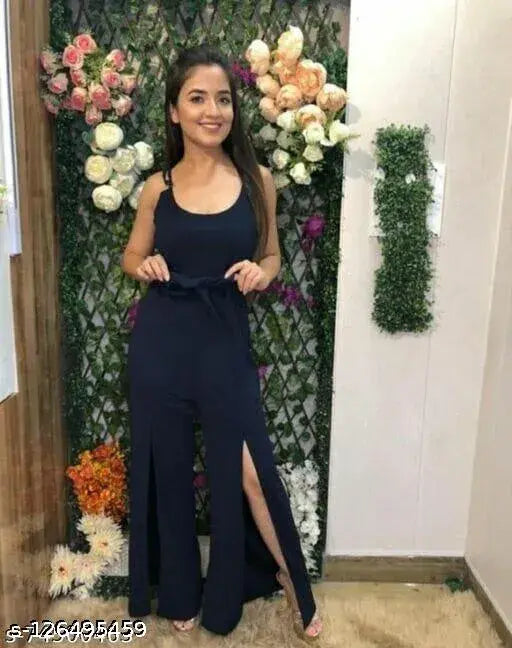 Navy Lycra sleeveless jumpsuit, stylish and solid pattern for women's fashion, Indian-made apparel