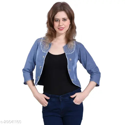 Denim party blazer for women, size S-XXXL, stylish coat on hanger