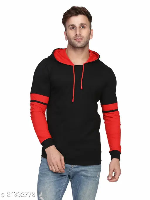 Cotton-blend colorblocked full sleeve hood mens t-shirt, bio-dyed in trendy style, India
