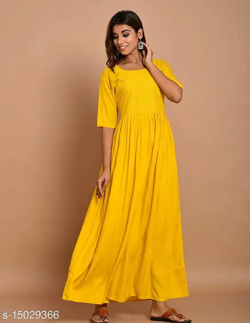 Mustard rayon flared kurti, self-designed with short sleeves, women's fashion from India (M: bust 38in, L: bust 40in)