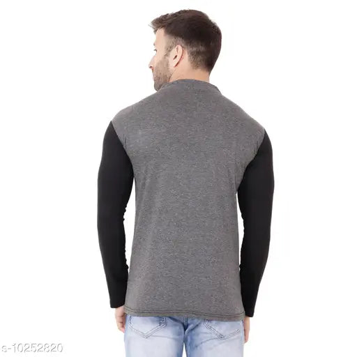 Grey colorblocked cotton blend long sleeves Mandarin t-shirt from Blisstone