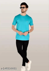 Men's sky blue cotton crew neck t-shirt for sports fitness wear, short sleeves, ideal gym attire