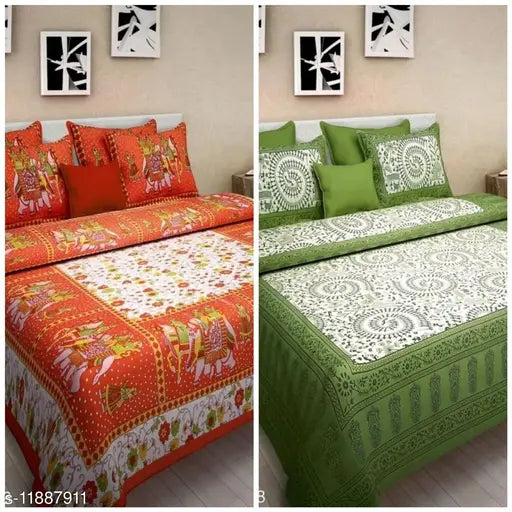 Cotton printed queen bedsheets, pack of 2 with 2 pillow covers, 160 thread count from India