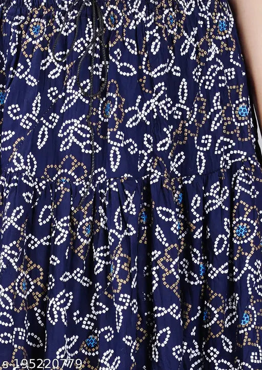 Blue printed rayon long skirt for women, beautifully comfortable and stylish with varied sizes M-XXXL & free size