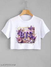 White polyester crop top with printed net pattern, round neck design for girls