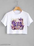 White polyester crop top with printed net pattern, round neck design for girls