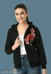 Black fleece printed hoodie for women, winter jacket with embroidered rose detail, suitable for casual party wear in sizes S, M, L, XL (India origin)