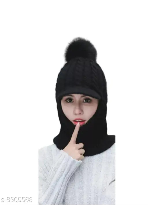 Black wool winter beanie hat & scarf set, embellished net design - PinKit women's warm knit accessory