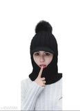 Black wool winter beanie hat & scarf set, embellished net design - PinKit women's warm knit accessory