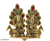 Metal Laxmi Ganesh ji idol with peacock design, intricately crafted aluminum statue from India (15.5cm x 13cm x 2.5cm)