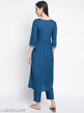 Rayon ethnic kurti plazo set, blue or red, perfect for weddings and occasions. Embroidered, A-line, three-quarter sleeves, hand washable, rayon fabric