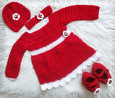 Handcrafted Indian woolen baby girl frock/sweater with cap, hairband, and booties - vintage-inspired floral design, soft acrylic material, long sleeves, sizes 6-12 months