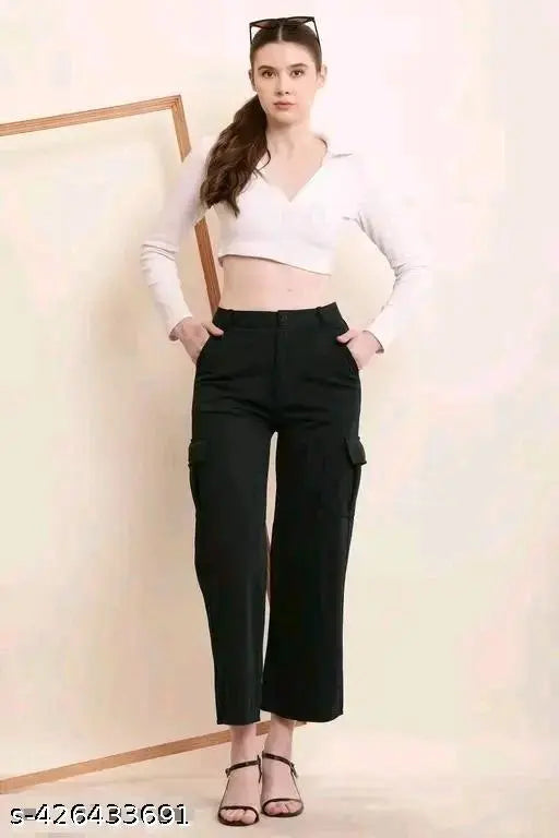 Brown and black Lycra cargo pant for women, two-tone color combo, MJ Fashion brand, available in sizes 26, 28, 30, 32 (waist 26-32, length 35-37in, hip 36-37in)