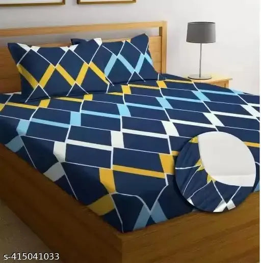 Blue zigzag checkered premium cotton fitted bedsheets with elastic, double bed size (72 x 78) & 2 king-size pillow covers, superfine quality