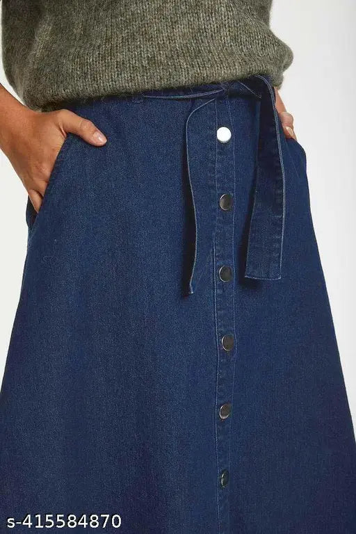 Navy Blue A-Line Midi Denim Woman Skirt - Lightweight, breathable, and trendy denim skirt for women. Perfect fit for all body types and washable at home. Available sizes: 26, 28, 30, 32, 34, 36, 38, 40, 42, 44, 46 (inches). Origin: India