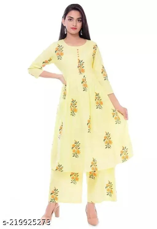 Printed cotton long kurta with palazzos, three-quarter sleeves, single size, comfortable Indian bottomwear