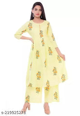 Printed cotton long kurta with palazzos, three-quarter sleeves, single size, comfortable Indian bottomwear